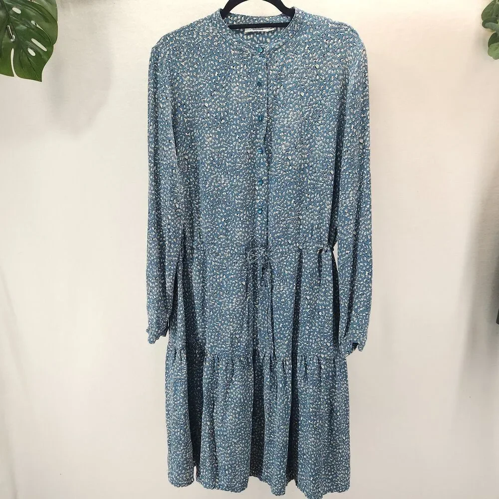 Atella Blue Floral‎ Tiered Midi Dress long sleeve Womens XL Prairie Cottagecore